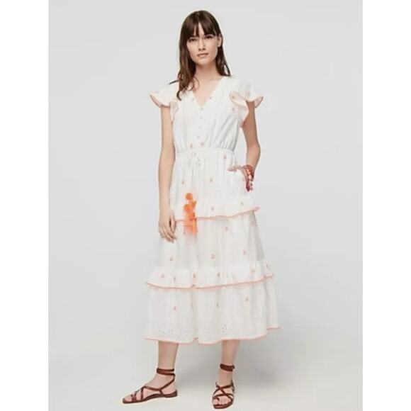 J.Crew Embroidered Flutter Sleeve Voile Tiered Midi Dress w/ Pompom Women Size 6 - Picture 1 of 9